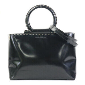 Salvatore Ferragamo Gancini Leather Handbag Shoulder Bag Black